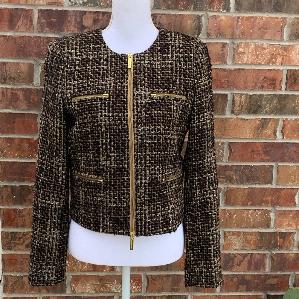 Michael Kors Black, Brown & Tan Tweed Collarless Blazer Size 6